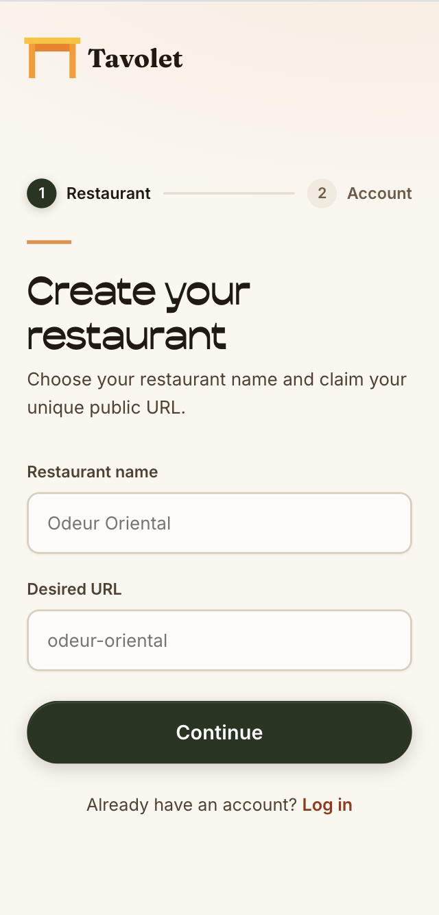 Création d'un restaurant Tavolet sur mobile